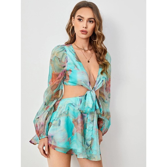 boho Lantern Sleeve Knot Cutout Waist Chiffon Romper - Picture 4 of 11